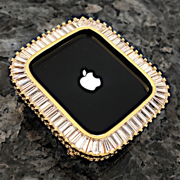 2 pc Apple Watch set yellow gold lab diamond case and crystal band classy bling - Picture 10 of 11